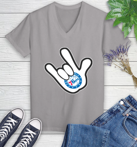 Philadelphia 76ers NBA Basketball Mickey Rock Hand Disney Women's V-Neck T-Shirt 4