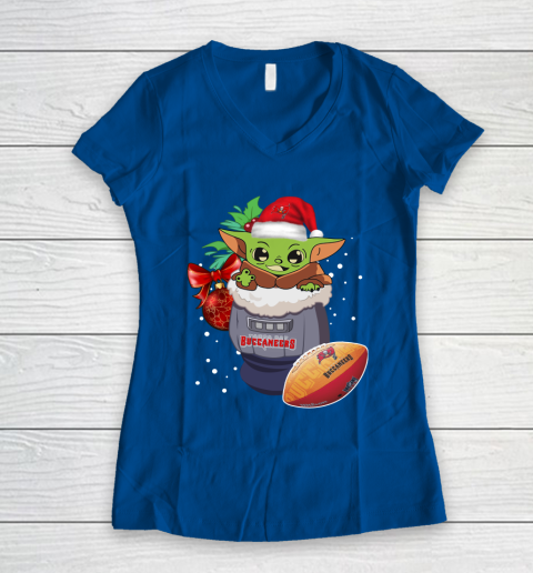 Tampa Bay Buccaneers Christmas Baby Yoda Star Wars Funny Happy NFL Women's V-Neck T-Shirt 9
