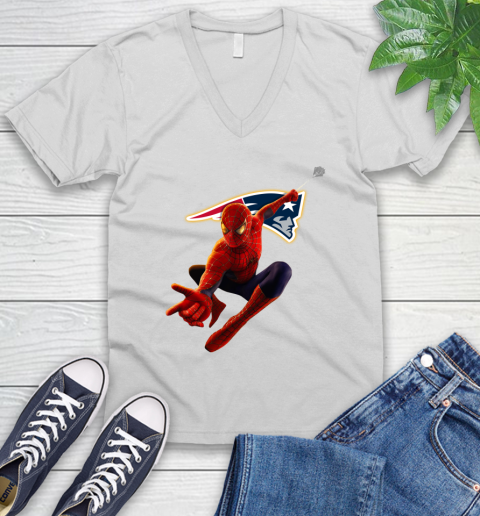 NFL Spider Man Avengers Endgame Football New England Patriots V-Neck T-Shirt