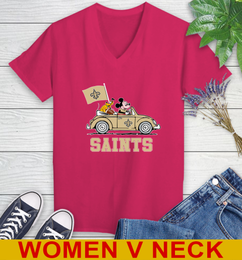 NFL Football New Orleans Saints Pluto Mickey Driving Disney Shirt Women's V-Neck T-Shirt 10