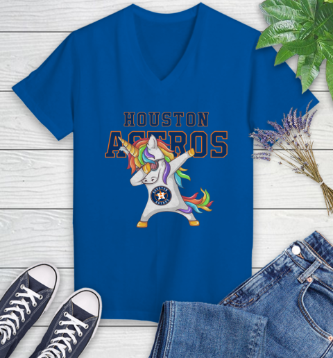 Houston Astros MLB Baseball Funny Unicorn Dabbing Sports Women's V-Neck T-Shirt 10