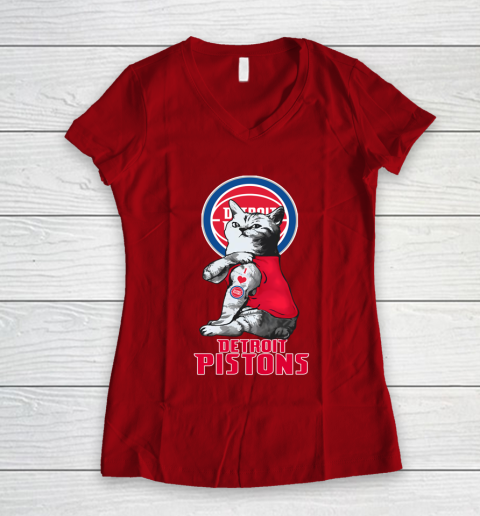 NBA Basketball My Cat Loves Detroit Pistons Women's V-Neck T-Shirt 8