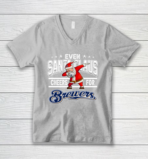 Milwaukee Brewers Even Santa Claus Cheers For Christmas MLB V-Neck T-Shirt 3