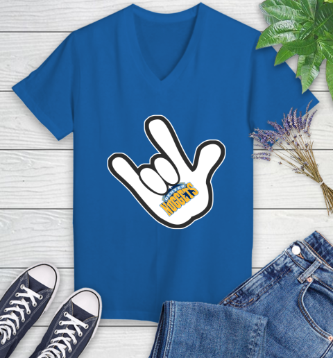 Denver Nuggets NBA Basketball Mickey Rock Hand Disney Women's V-Neck T-Shirt 10