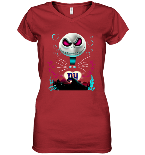 NFL New York Giants Jack Skellington Sally The Nightmare Before Christmas Football XN1YV5KzCnj women v neck t shirt 39 95 151514 front red