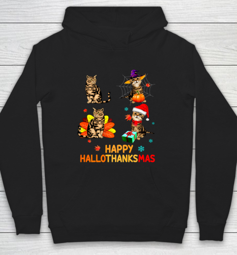 Cat Halloween Thanksgiving Christmas Happy Hallothanksmas Hoodie