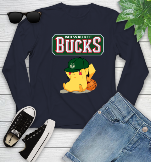 NBA Pikachu Basketball Sports Milwaukee Bucks Youth Long Sleeve 3