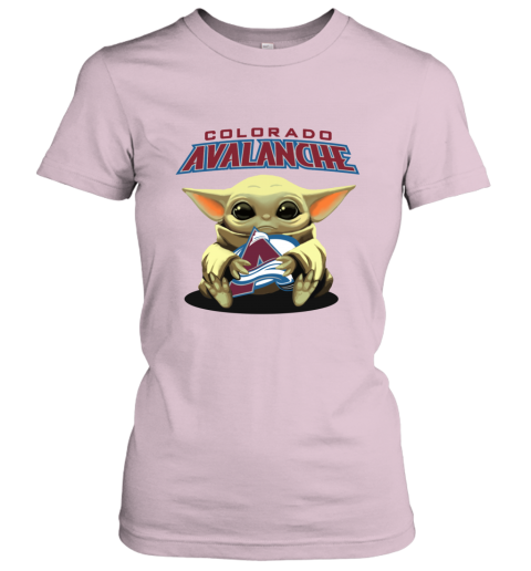 90vw baby yoda hugs the colorado avalanche ladies t shirt 20 front light pink