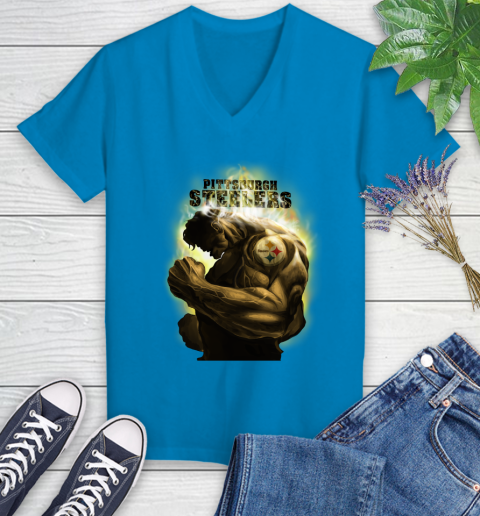 Pittsburgh Steelers NFL Football Hulk Marvel Avengers Sports Women's V-Neck T-Shirt 7