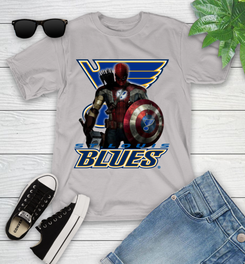 NHL Captain America Thor Spider Man Hawkeye Avengers Endgame Hockey St.Louis Blues Youth T-Shirt 12