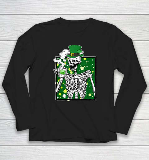 Leprechaun Top Hat Skeleton Drinking Coffee St Patrick's Day Long Sleeve T-Shirt