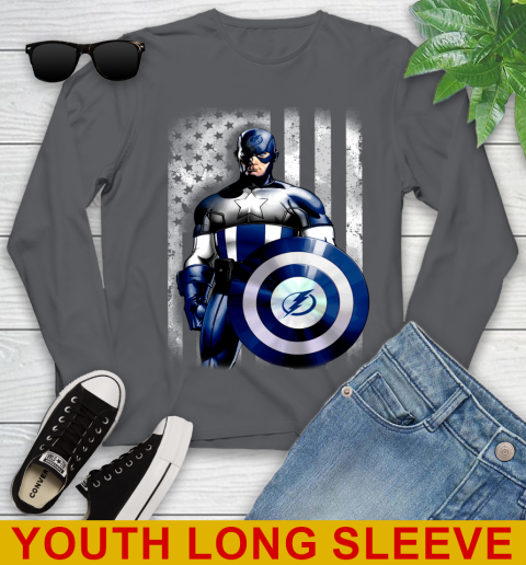 Tampa Bay Lightning NHL Hockey Captain America Marvel Avengers American Flag Shirt Youth Long Sleeve 9