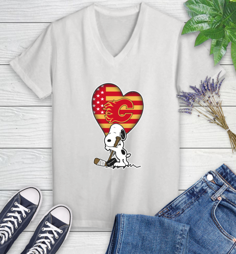 Calgary Flames NHL Hockey The Peanuts Movie Adorable Snoopy Women's V-Neck T-Shirt