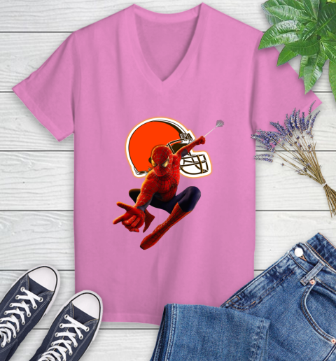 NFL Spider Man Avengers Endgame Football Cleveland Browns Women's V-Neck T-Shirt 14