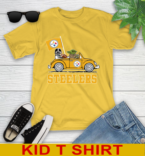 NFL Football Pittsburgh Steelers Darth Vader Baby Yoda Driving Star Wars Shirt Youth T-Shirt 8
