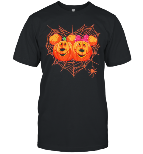 Happy Halloween Mickey And Minnie Mouse Pumpkins Heart Spiderweb Unisex Jersey Tee