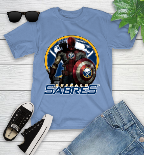 NHL Captain America Thor Spider Man Hawkeye Avengers Endgame Hockey Buffalo Sabres Youth T-Shirt 11