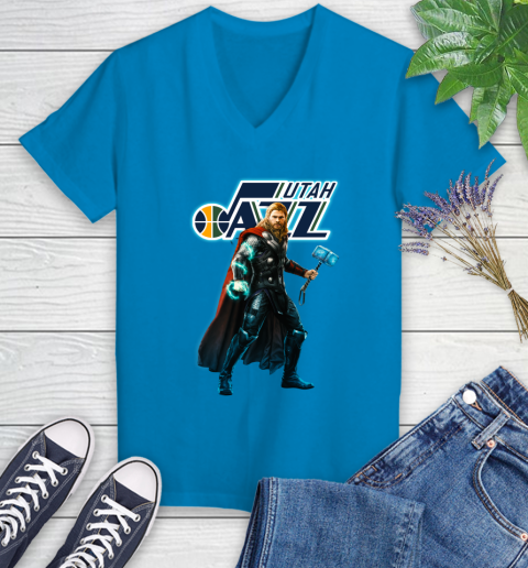 NBA Thor Avengers Endgame Basketball Utah Jazz Women's V-Neck T-Shirt 7