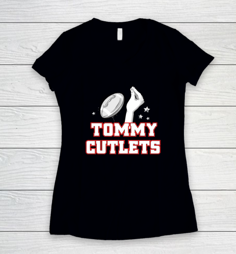 NY Italian Hand Gesture Tommy Cutlets Football Quarterback Women's V-Neck T-Shirt
