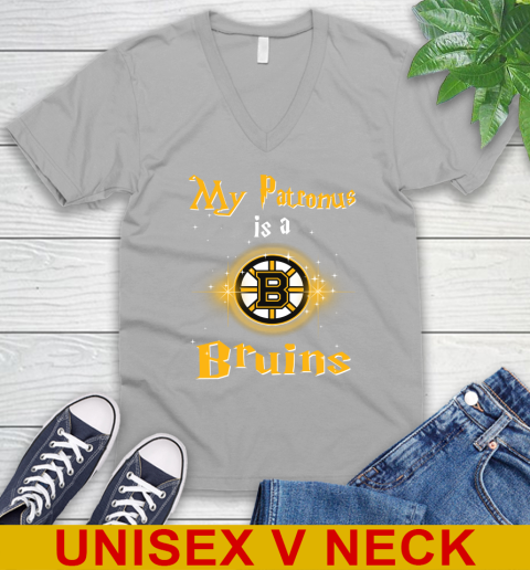 NHL Hockey Harry Potter My Patronus Is A Boston Bruins V-Neck T-Shirt 3