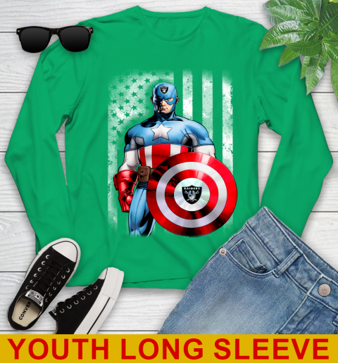 Oakland Raiders NFL Football Captain America Marvel Avengers American Flag Shirt Youth Long Sleeve 7