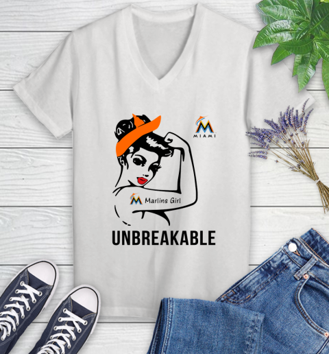 MLB Miami Marlins Girl Unbreakable Baseball Sports Women's V-Neck T-Shirt