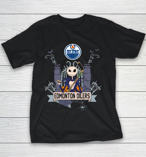 NHL Edmonton Oilers Hockey Jack Skellington Halloween Youth T-Shirt