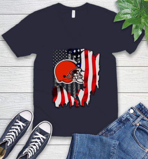 Cleveland Browns NFL Football American Flag V-Neck T-Shirt 2