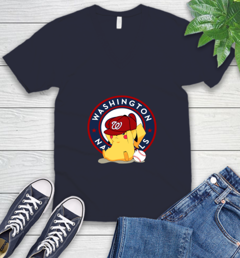 MLB Pikachu Baseball Sports Washington Nationals V-Neck T-Shirt 3