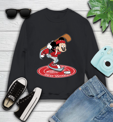 NHL Hockey Detroit Red Wings Cheerful Mickey Disney Shirt Youth Sweatshirt