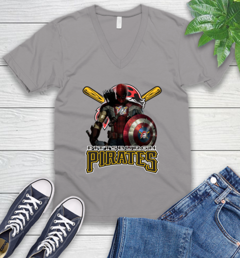 MLB Captain America Thor Spider Man Hawkeye Avengers Endgame Baseball Pittsburgh Pirates V-Neck T-Shirt 4