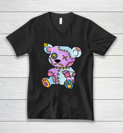 Patchwork Creepy Teddy Bear Voodoo Cute Goth V-Neck T-Shirt