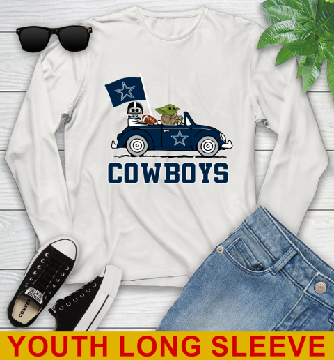 NFL Football Dallas Cowboys Darth Vader Baby Yoda Driving Star Wars Shirt Youth Long Sleeve 12