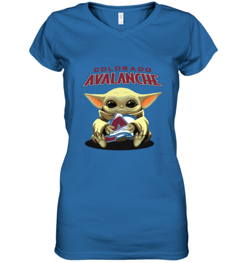 Baby Yoda Hugs The Colorado Avalanche Ice Hockey Women's V-Neck T-Shirt