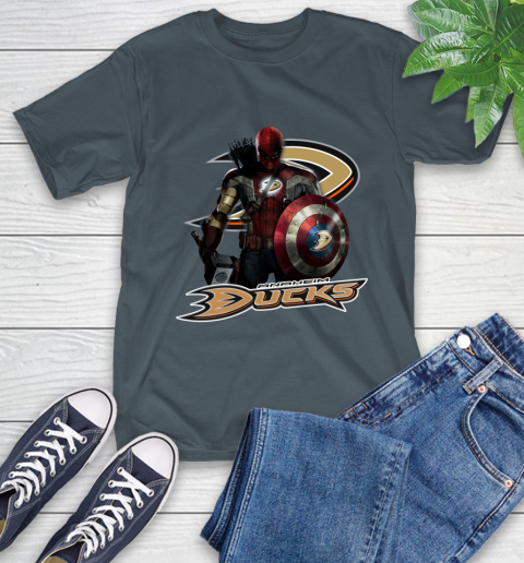 NHL Captain America Thor Spider Man Hawkeye Avengers Endgame Hockey Anaheim Ducks T-Shirt 9