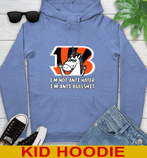 Cincinnati Bengals NFL Football Unicorn I'm Not Anti Hater I'm Anti Bullshit Youth Hoodie 12