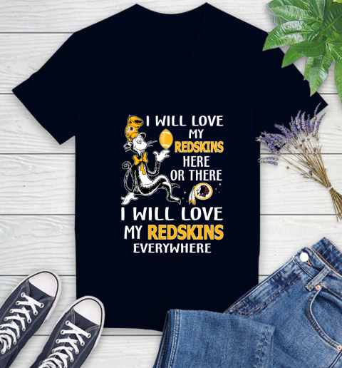 NFL Football Washington Redskins I Will Love My Redskins Everywhere Dr Seuss Shirt Women's V-Neck T-Shirt 2