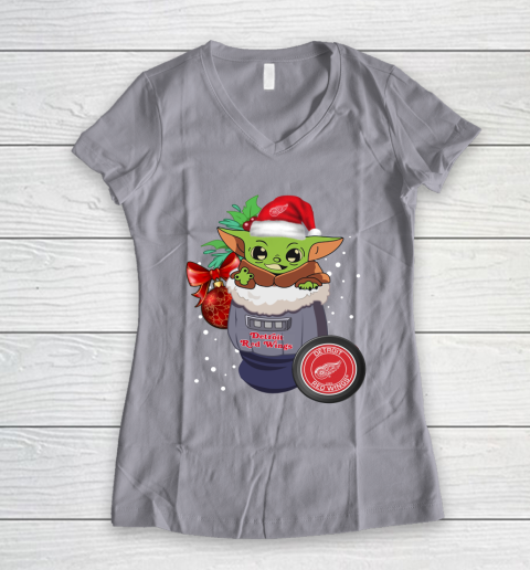 Detroit Red Wings Christmas Baby Yoda Star Wars Funny Happy NHL Women's V-Neck T-Shirt 4