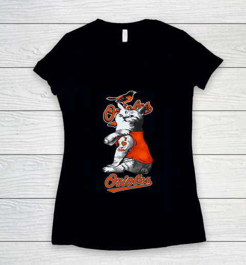MLB Baseball My Cat Loves Baltimore Orioles Women's V-Neck T-Shirt