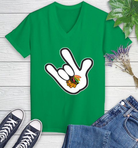 Chicago Blackhawks NHL Hockey Mickey Rock Hand Disney Women's V-Neck T-Shirt 5