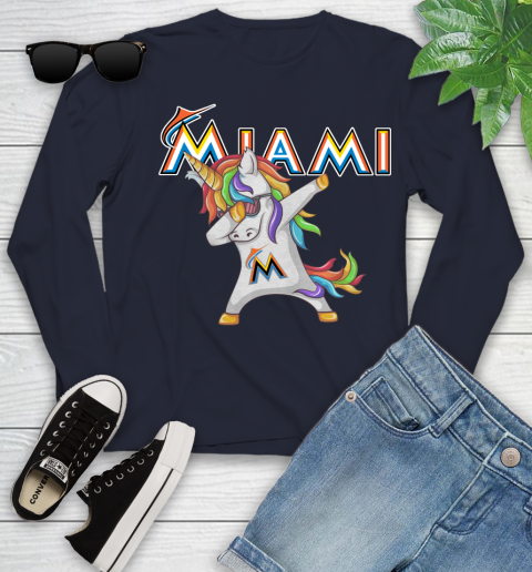 Miami Marlins MLB Baseball Funny Unicorn Dabbing Sports Youth Long Sleeve 3