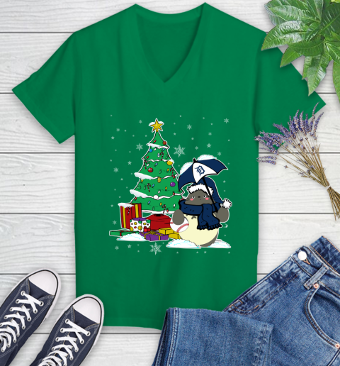 Detroit Tigers MLB Baseball Cute Tonari No Totoro Christmas Sports Women's V-Neck T-Shirt 5