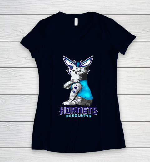 NBA Basketball My Cat Loves Charlotte Hornets Women's V-Neck T-Shirt 2