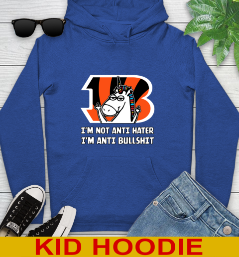 Cincinnati Bengals NFL Football Unicorn I'm Not Anti Hater I'm Anti Bullshit Youth Hoodie 10