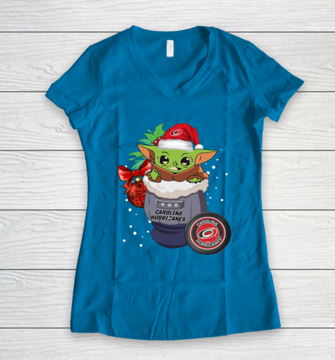 Carolina Hurricanes Christmas Baby Yoda Star Wars Funny Happy NHL Women's V-Neck T-Shirt 7