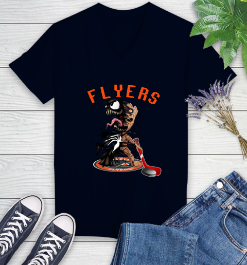 NHL Philadelphia Flyers Hockey Venom Groot Guardians Of The Galaxy Women's V-Neck T-Shirt 3