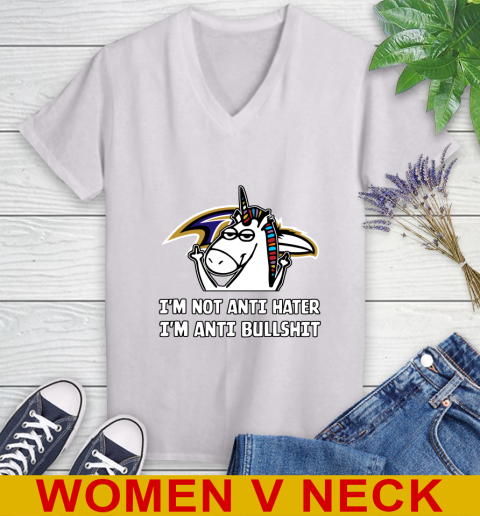 Baltimore Ravens NFL Football Unicorn I'm Not Anti Hater I'm Anti Bullshit Women's V-Neck T-Shirt