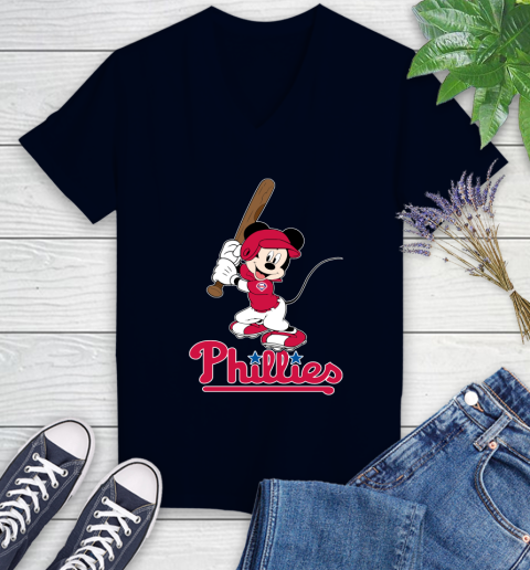 MLB Baseball Philadelphia Phillies Cheerful Mickey Mouse Shirt Women's V-Neck T-Shirt 3