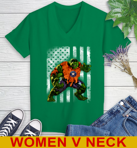 Houston Astros Hulk Marvel Avengers MLB Baseball American Flag Women's V-Neck T-Shirt 5