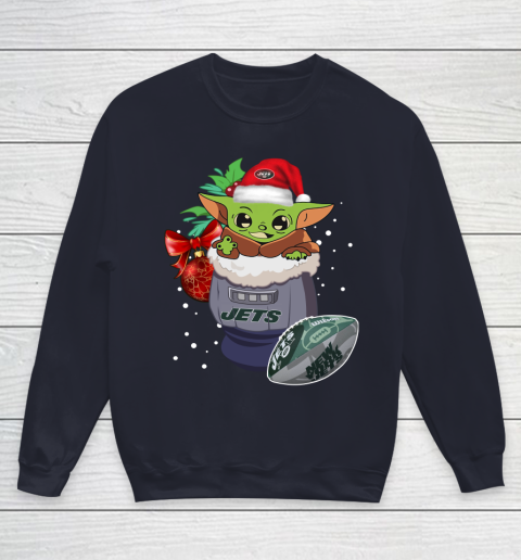 New York Jets Christmas Baby Yoda Star Wars Funny Happy NFL Youth Sweatshirt 3